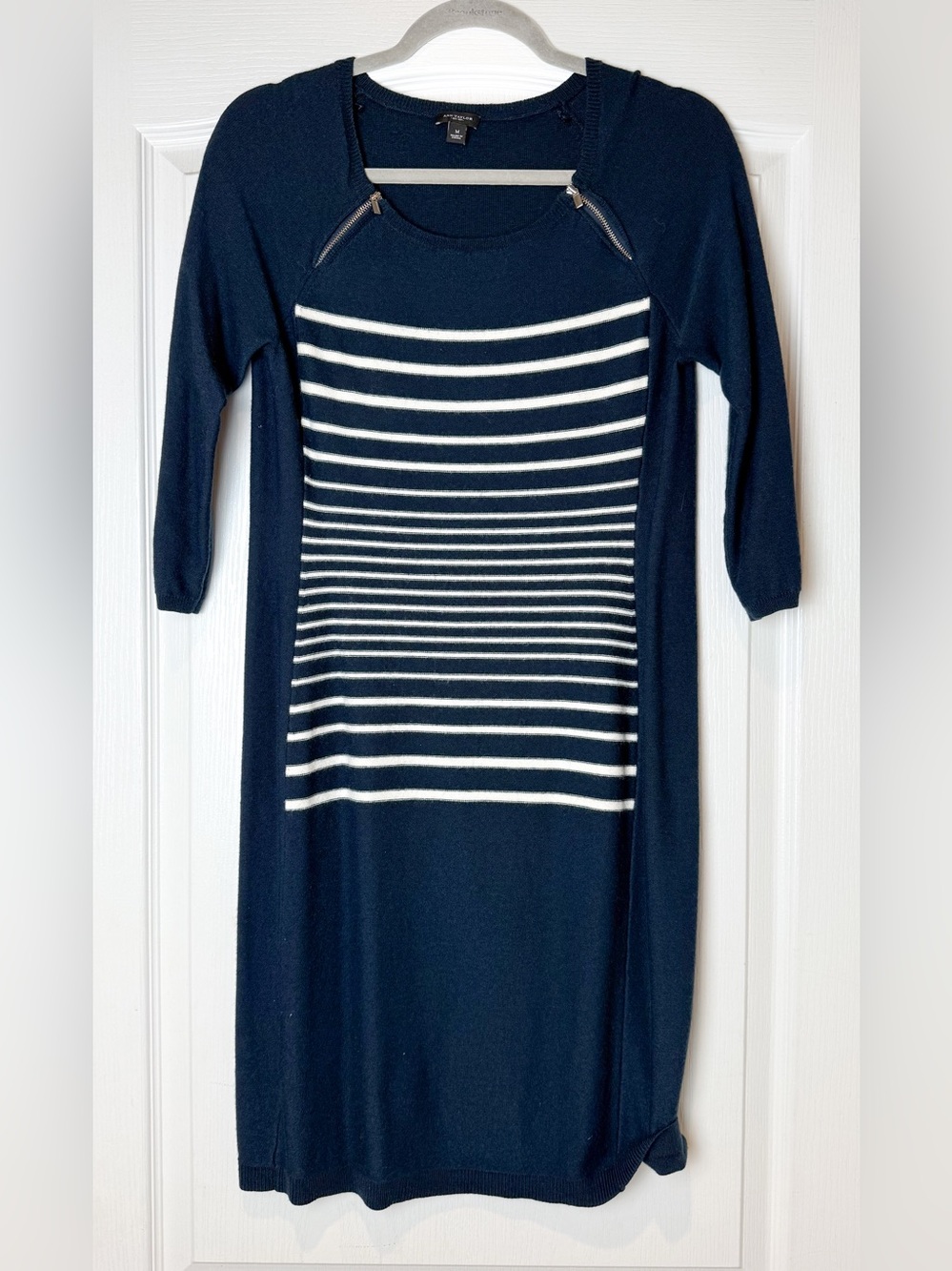 Ann Taylor Navy & White Striped Knit Dress with Zip Detail